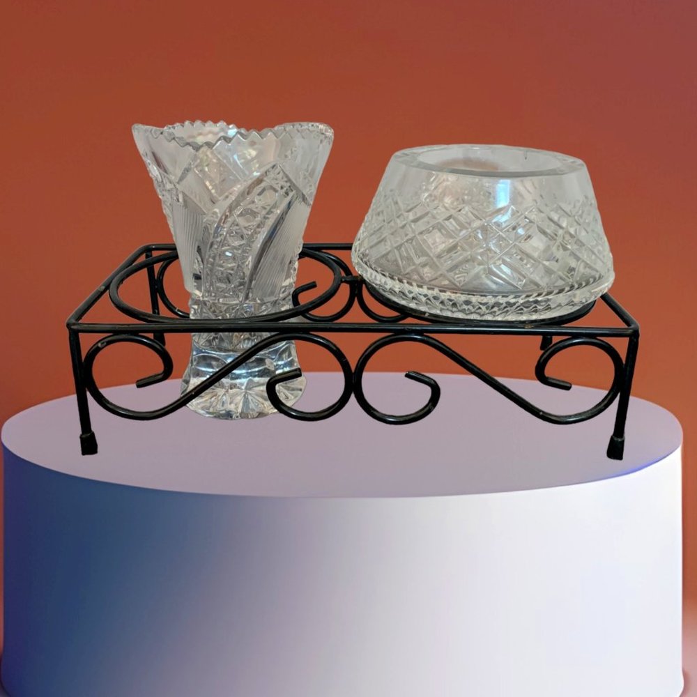 Vintage Crystal Glass Floral Vase & Candy Dish
